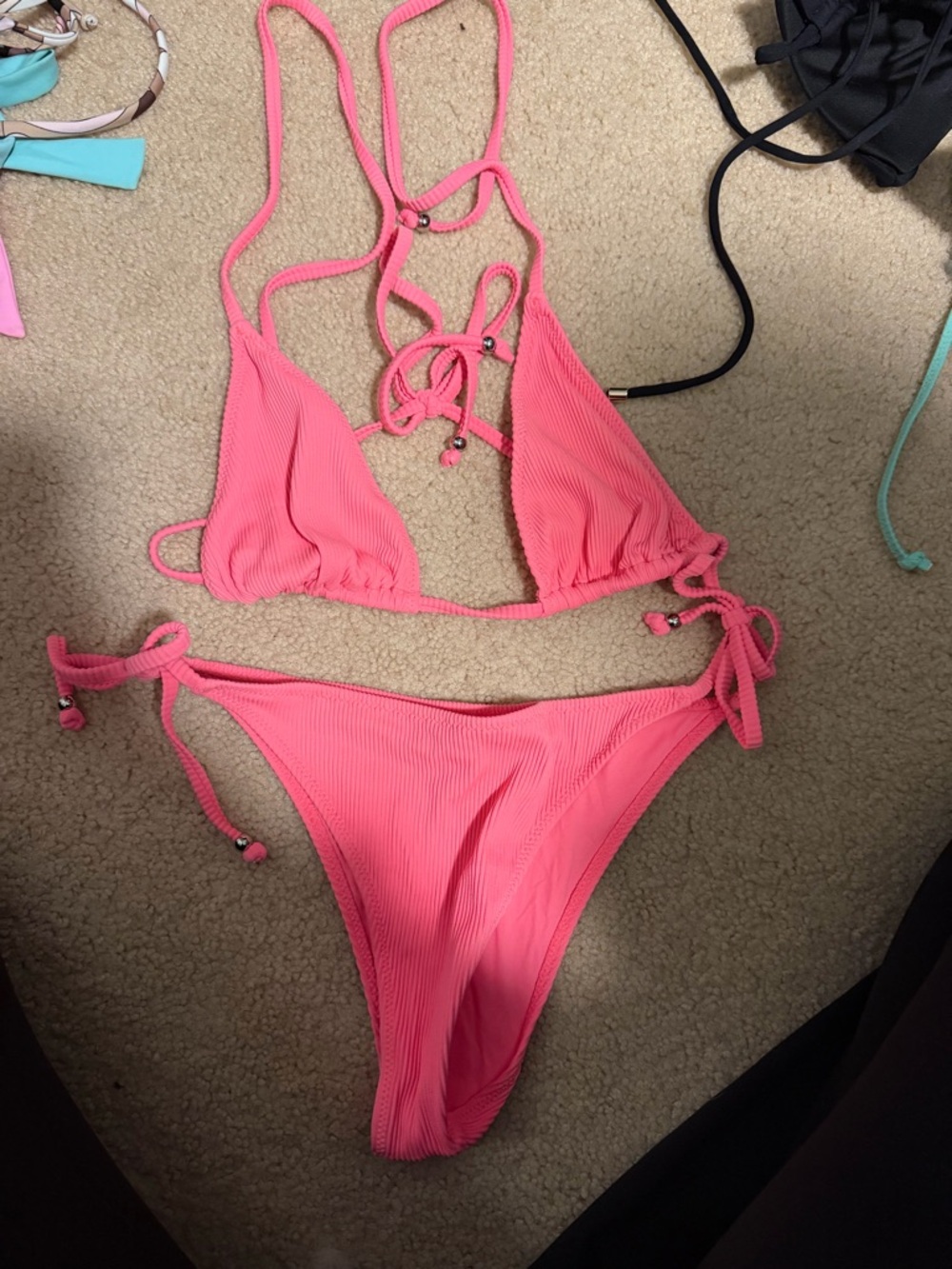 Hot Pink Ribbed Tie-Side Bikini Set white Fox